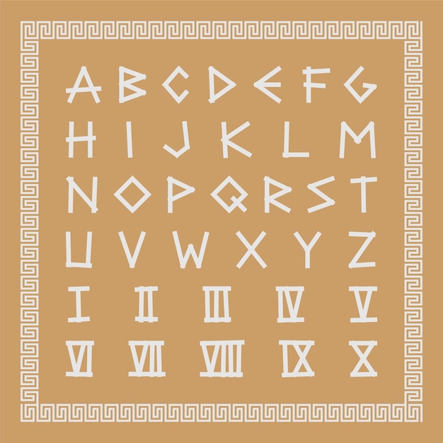 Vecteur police antique grecque alphabet créatif anglais à la mode lettres latines anciennes avec chiffres romains