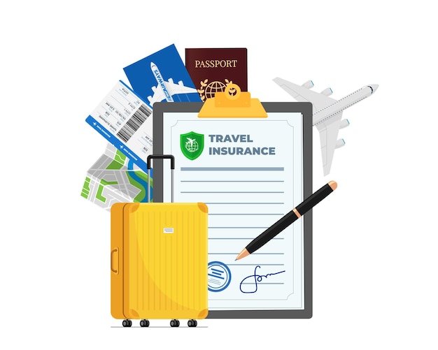 Vecteur police d'assurance voyage avec billet d'avion passeport et avion sûr valise de voyage jaune