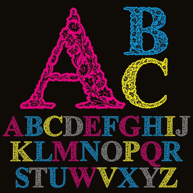 Vecteur police de belles lettres florales, alphabet vectoriel.