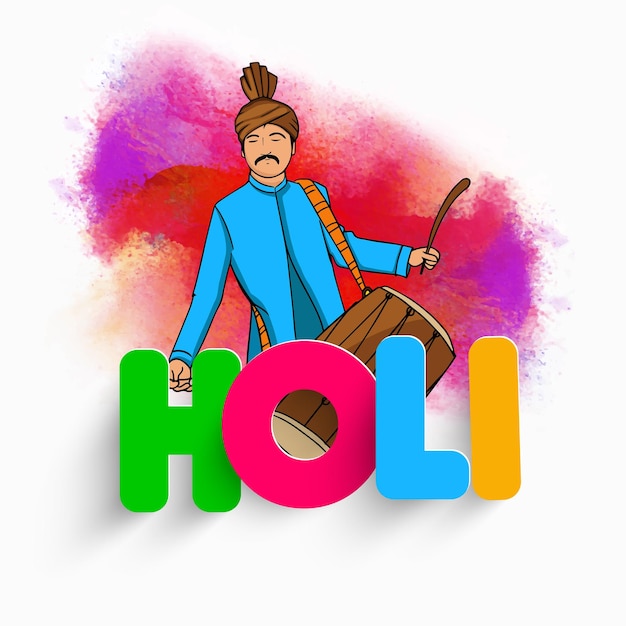 Vecteur police holi en papier coloré avec jeune homme indien jouant de l'instrument dhol du tambour et effet d'éclaboussure de couleur sur fond blanc