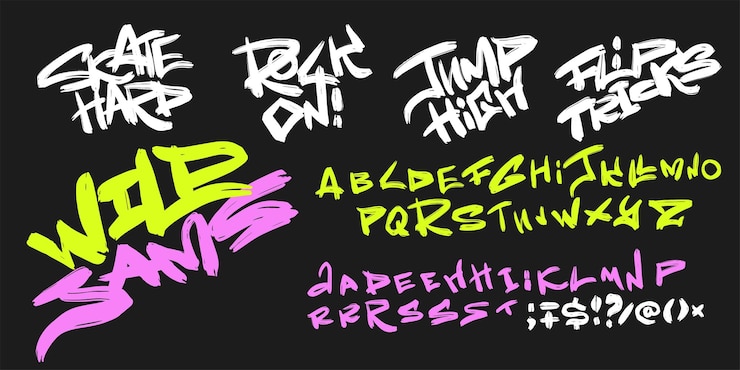 Vecteur une police juvénile avec des citations de patineurs, un pinceau grunge, un alphabet, des fautes de frappe, un ensemble de vrais pinceaux grunge.