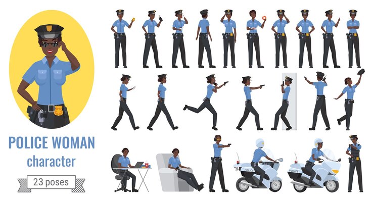 Vecteur police noire afro-américaine femme officier femme pose différents gestes fixés.