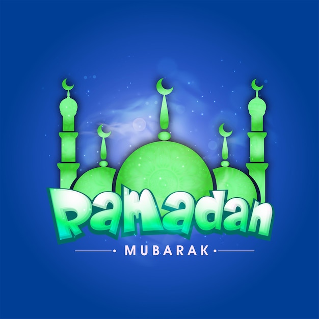 Police Ramadan Mubarak Avec Mosquée Verte Et Effet De Lumières Sur Fond Bleu