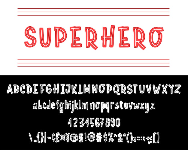 Vecteur police de super-héros jeu de caractères dessinés à la main isolé sur blanc