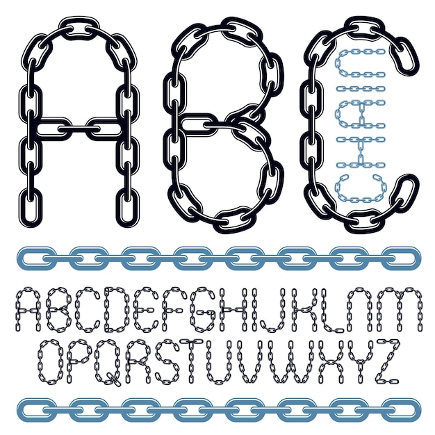Vecteur police de type vectoriel, script de a à z. lettres créatives majuscules, abc faites avec un maillon de chaîne en acier, un lien joint.