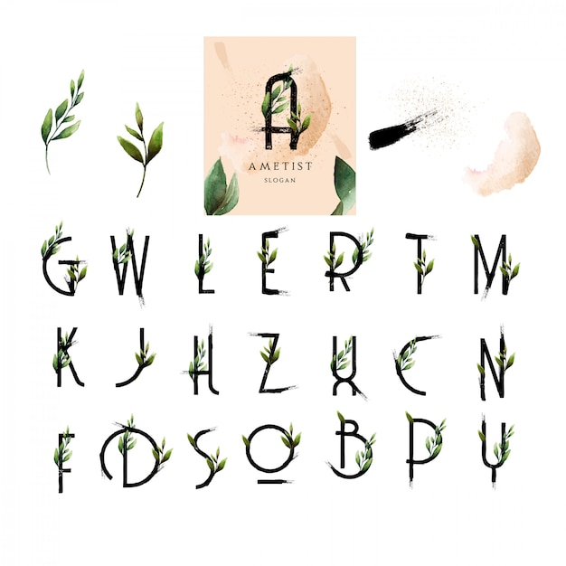 Polices De Fleurs Alphabet Fait Peinture Feuille Aquarelle Style