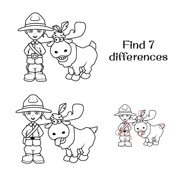 Policier Canadien Avec Un Cerf Drôle Trouvez 7 Différences Tâches Pour Enfants Illustration Vectorielle