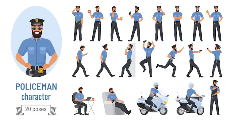 Vecteur policier de dessin animé pose collection