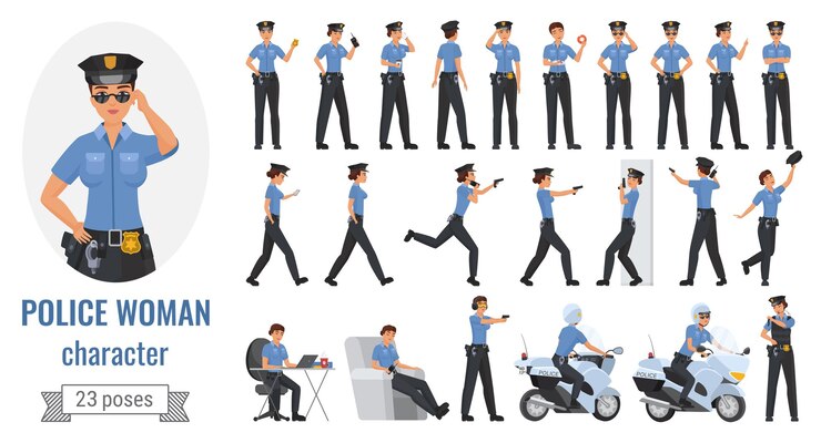 Vecteur policier femme pose illustration ensemble.