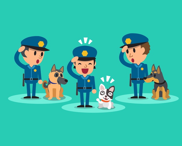 Policier De Garde De Sécurité De Bande Dessinée Avec Des Chiens De Garde