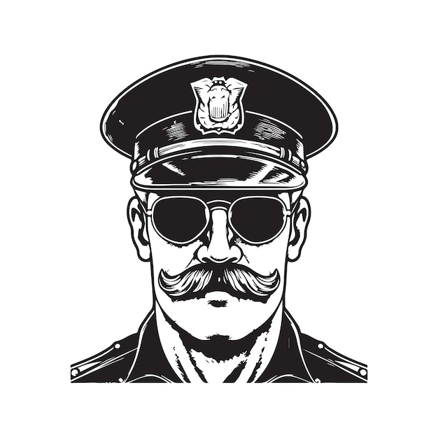 Policier Portant Une Casquette Avec Moustache Et Lunettes De Soleil Logo Vintage Concept D'art En Ligne Couleur Noir Et Blanc Illustration Dessinée à La Main