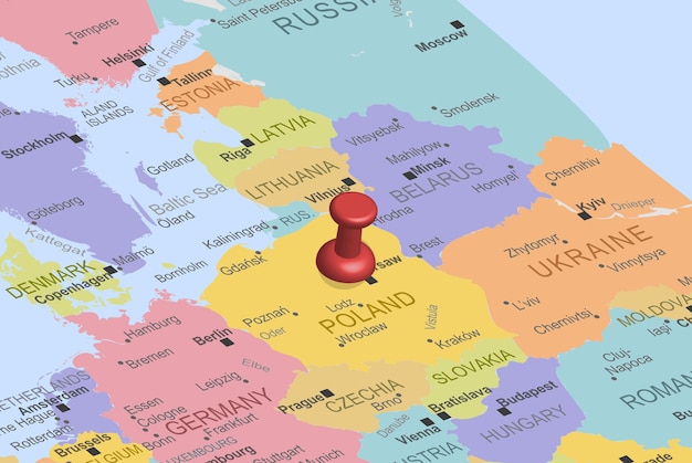 Vecteur pologne avec punaise à attache rouge sur la carte de l'europe, gros plan pologne, idée de voyage, carte colorée avec