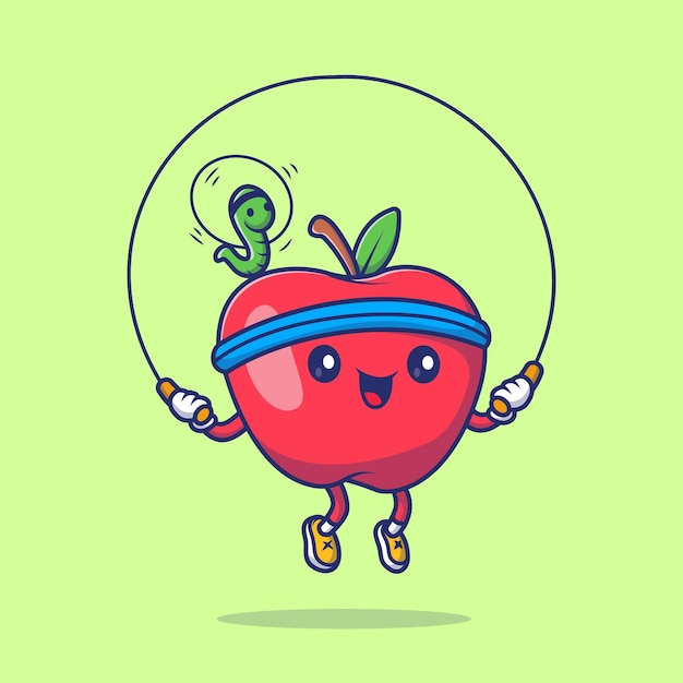 Vecteur pomme et chenille mignonnes jouant à la corde à sauter cartoon vector icon illustration fruit sports icon