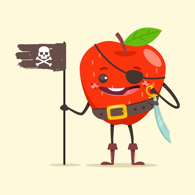 Pomme De Pirate Drôle En Cache-œil, épée Et Drapeau Noir Avec Crâne Et Os Croisés. Personnage De Dessin Animé Mignon Voleur De Fruits De Mer Isolé Sur Fond.