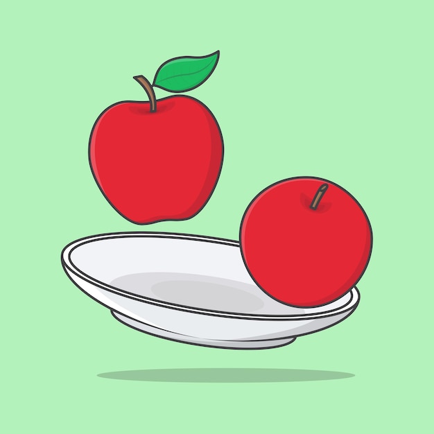 Pomme Sur Une Plaque Cartoon Vector Illustration Apple Fruit Plat Icône Contour