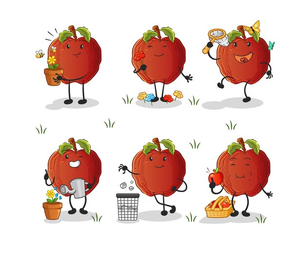 La pomme pourrie sauve le groupe de la terre. mascotte de dessin animé