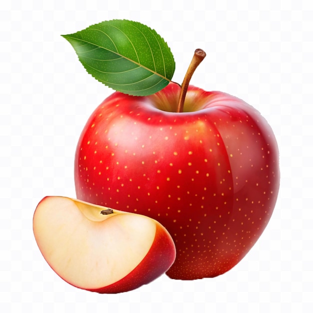 pomme rouge 3D réaliste avec tranche et feuille verte isolée sur un fond transparent