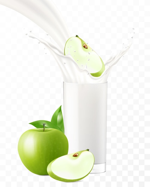 Vecteur pomme tombant dans un verre de lait ou de yaourt éclaboussures de lait sucré fruit milk-shake bannière publicitaire yaourt jet volant gouttes boisson blanche dans une tasse en verre illustration vectorielle 3d réaliste isolée