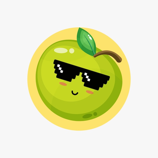 Pomme verte mignonne portant des lunettes pixel