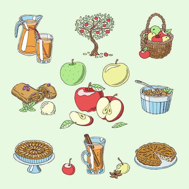 Pommes Alimentation Saine Applepie Et Applejuice De Fruits Frais Dans Le Jardin Avec Des Appletrees Illustration D'ensemble Isolé Sur Fond