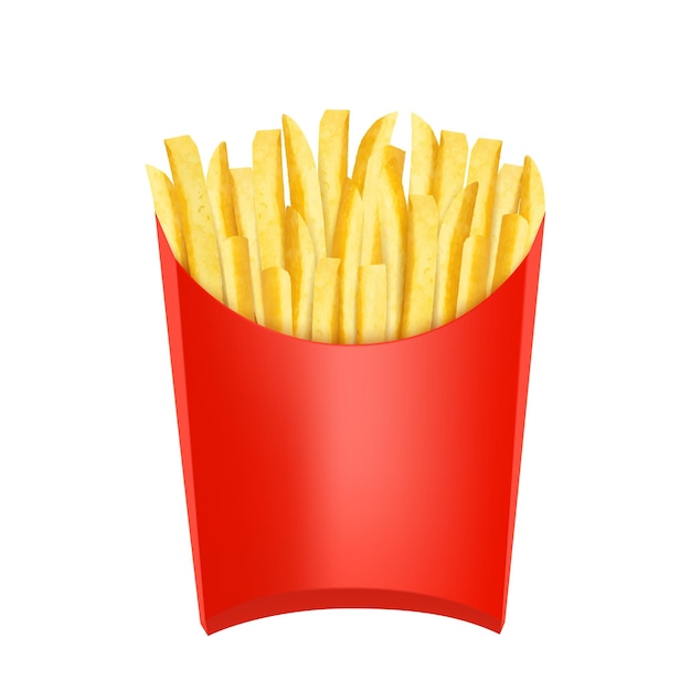 Pommes De Terre Frites Dans Une Boîte D'emballage Rouge Snack Restauration Rapide à Emporter Pommes De Terre Rôties Populaires Frites Bâtonnets Snack Dans Un Emballage En Carton Isolé Sur Fond Blanc Illustration Vectorielle 3d Réaliste