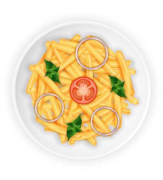 Pommes de terre rôties frites sur une assiette avec des légumes sur blanc
