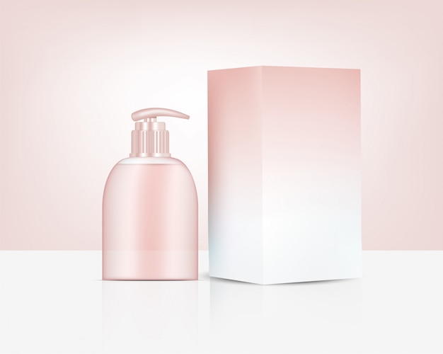 Pompe bouteille réaliste rose or parfum savon cosmétique et boîte pour l'illustration du produit de soins de la peau. Soins de santé et conception de concept médical.