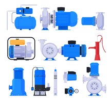 Vecteur pompes à eau équipement technique de pompage d'eau et de liquide pour les stations d'eau illustration vectorielle