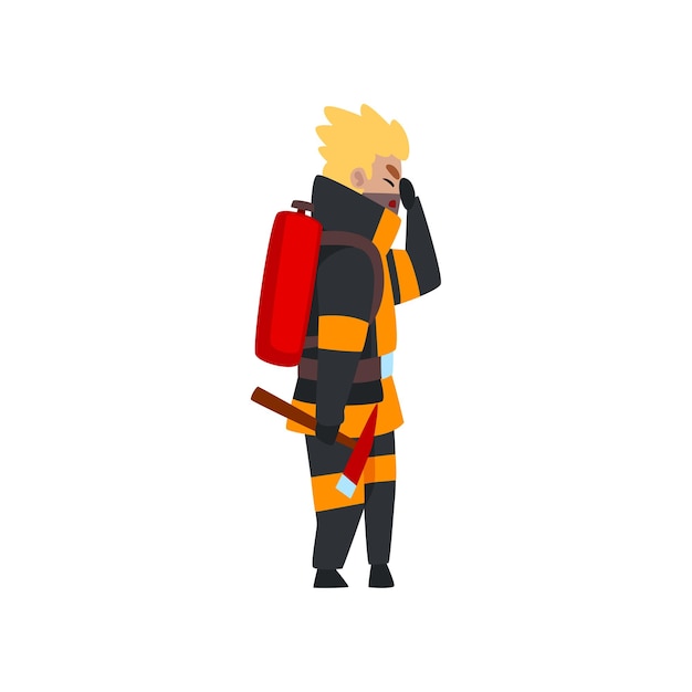 Vecteur pompier avec extincteur et personnage de pompier hache en uniforme au travail illustration vectorielle