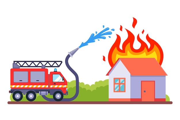 Des pompiers sont venus éteindre l'incendie. la maison en feu est éteinte avec de l'eau. illustration vectorielle plane.