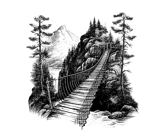 Pont en bois dans les montagnes Ropeway Suspension bridge Dessiné au crayon sur un fond isolé