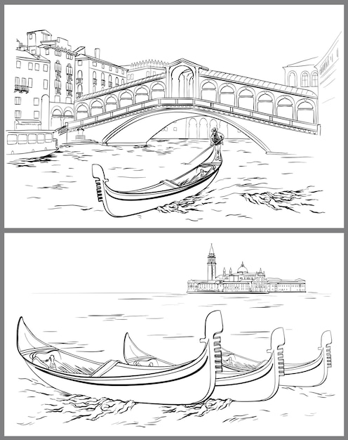 Vecteur pont du rialto dessiné à la main et île du lido venise