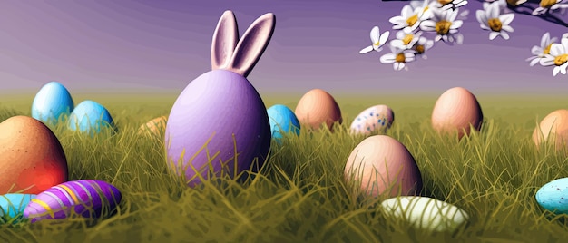 Ponte d'oeufs peints dans l'herbe de printemps et les fleurs bannière de frontière de Pâques illustration vectorielle plate de Pâques