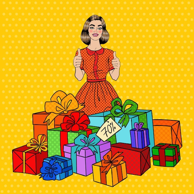 Pop Art Belle Femme Avec D'énormes Coffrets Cadeaux Et Les Pouces Vers Le Haut.