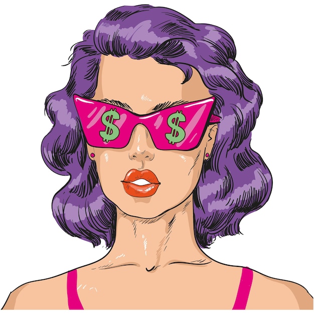 Pop Art Femme En Vecteur De Dessin Animé Lunettes Dollar