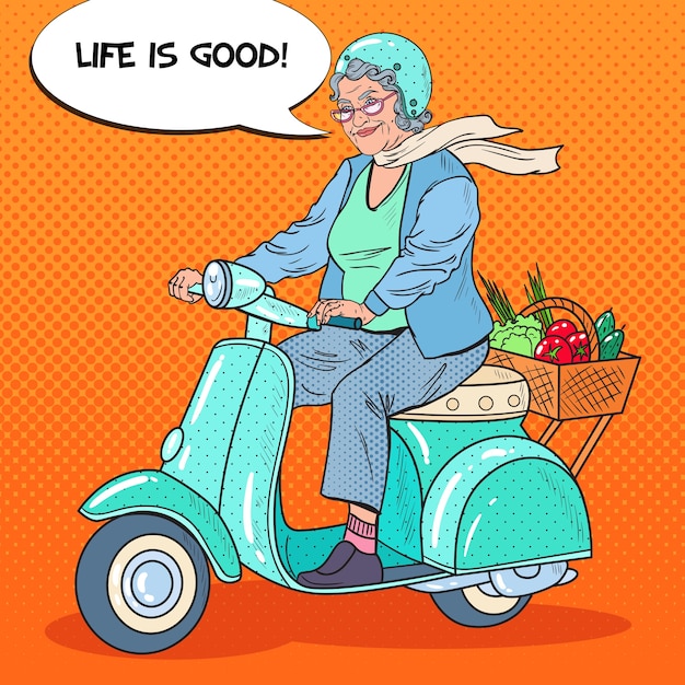 Vecteur pop art happy senior woman riding scooter avec panier de légumes