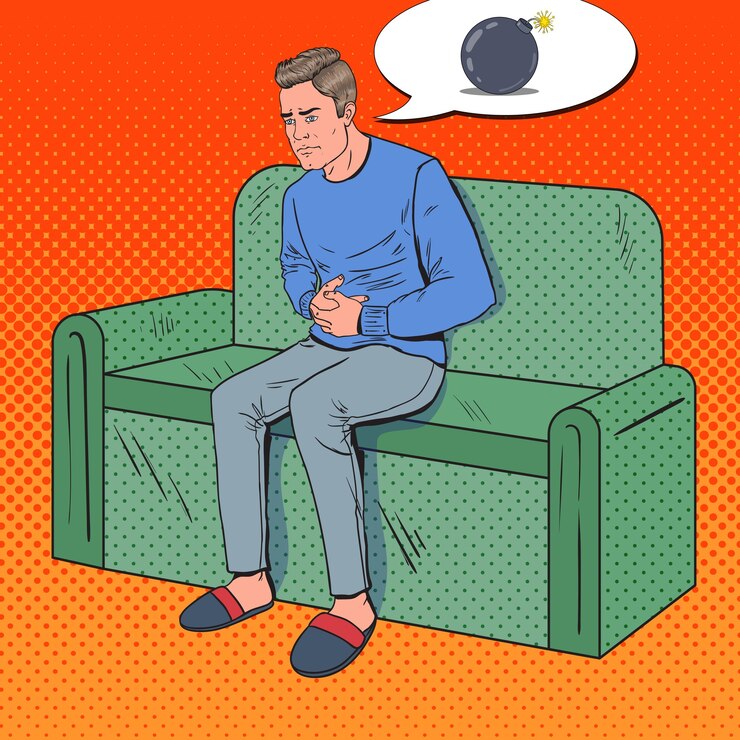 Vecteur pop art un homme malheureux souffre de maux d'estomac