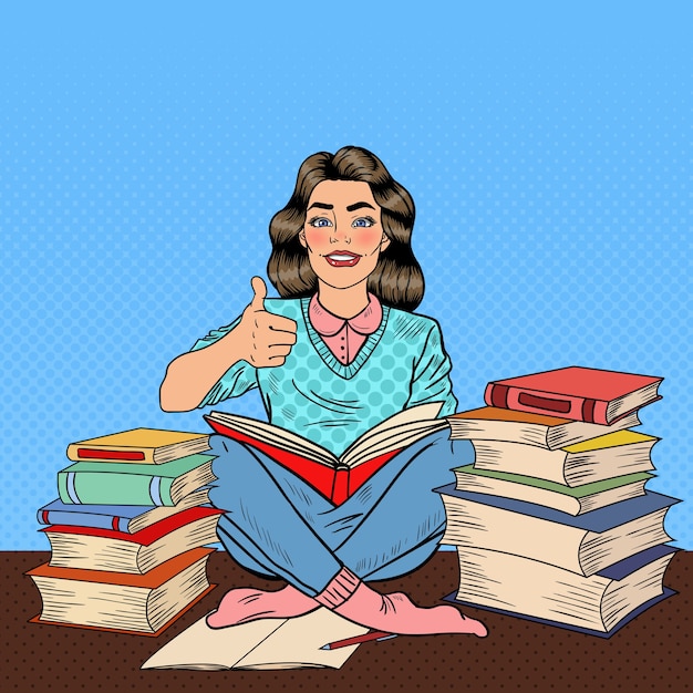 Pop Art Jeune Femme Assise Sur La Table De La Bibliothèque Et Livre De Lecture Avec Signe De La Main Pouce Vers Le Haut. Illustration