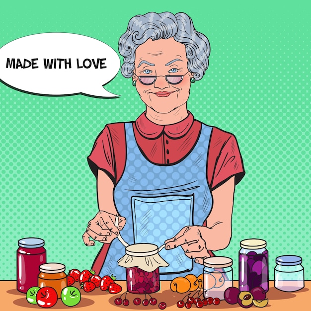 Vecteur pop art senior woman making confiture maison