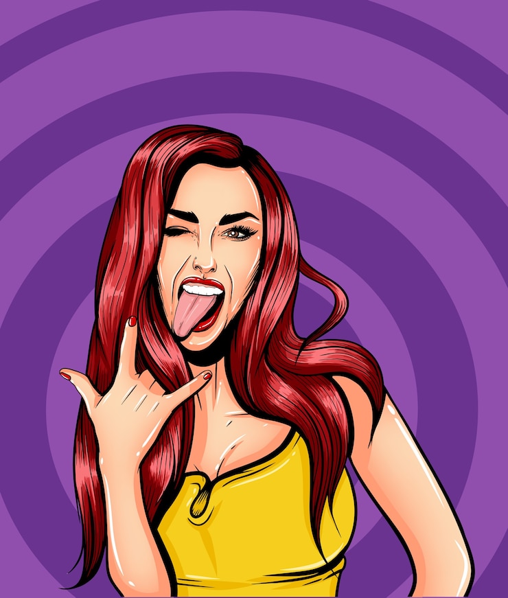 Vecteur pop art vintage fille de bande dessinée avec bulle de dialogue. jolie fille montrant la langue et le signe du rock and roll