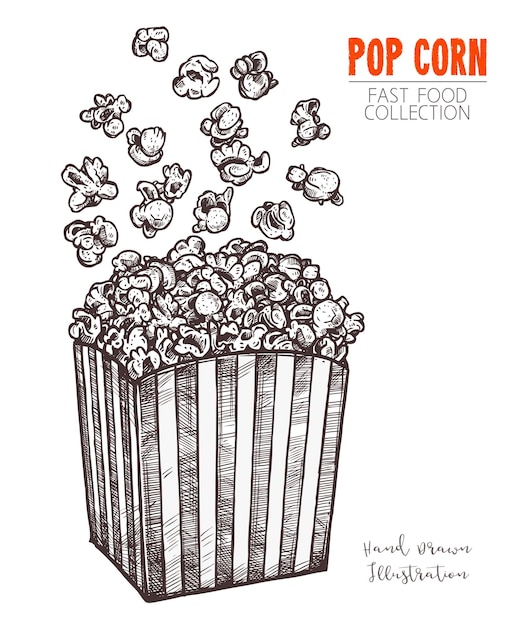 Vecteur pop-corn de croquis dessinés à la main, collation dans un style gravé.