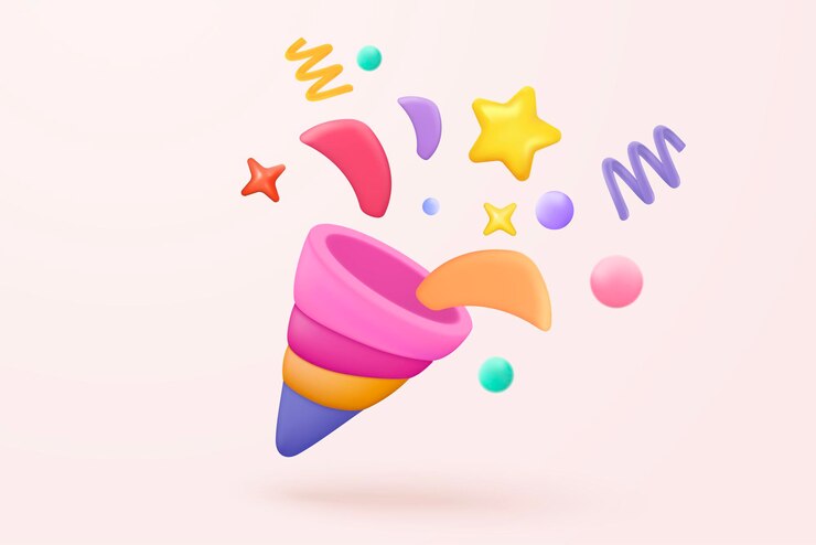 Poppers de fête 3d avec des confettis volants Le pétard explose avec un ruban explose pour la fête d'anniversaire et l'anniversaire du gagnant surprise avec un cône popper 3d confetti bang icône illustration de rendu vectoriel