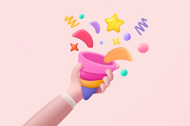 Poppers De Fête 3d Avec Des Confettis Volants En Tenant La Main Le Pétard Explose Avec Un Ruban Explose Pour La Fête D'anniversaire Du Gagnant Surprise Avec Un Cône Popper 3d Confetti Bang Icône Illustration De Rendu Vectoriel