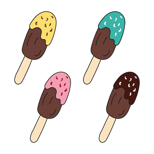 Popsicle de crème glacée options multicolores Illustration vectorielle style doodle Glace congelée rafraîchissante