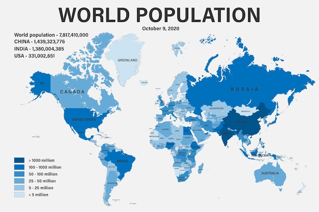 Vecteur population mondiale sur une carte politique avec échelle carte très détaillée avec frontières et pays chaque pays se trouve sur une couche distincte et est modifiable