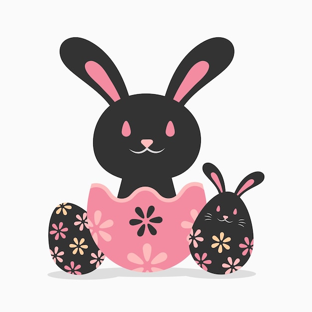 Vecteur popup de lapin de couleur rose noir foncé cool de la coquille d'oeuf avec illustration d'oeufs de motif de flore de décoration