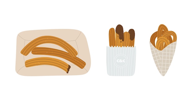 Vecteur porras vs churros espagnol madrid pâtisseries traditionnelles pour le petit déjeuner ensemble d'illustration vectorielle