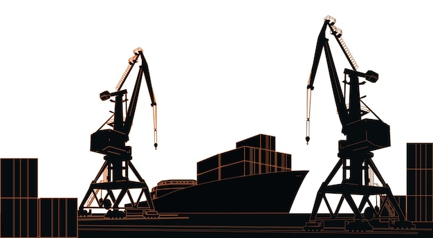 Vecteur port commercial de silhouette avec porte-conteneurs à l'embarcadère et grues de fret isolés sur fond blanc