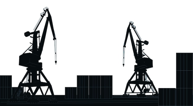 Port de fret commercial silhouette avec grues et conteneurs isolés sur fond blanc