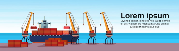 Vecteur port maritime industriel fret navire grue de cargaison logistique conteneur chargement eau